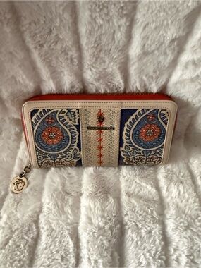 Oilily Floral Embroidered Zip Wallet in Blue, Orange and Cream